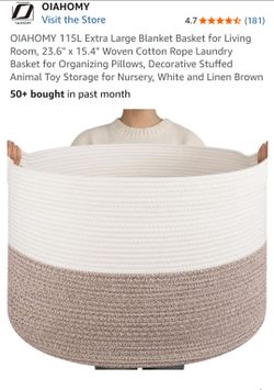 Extra Large Blanket Basket for Living Room, 23.6"x 15.4" Woven Cotton