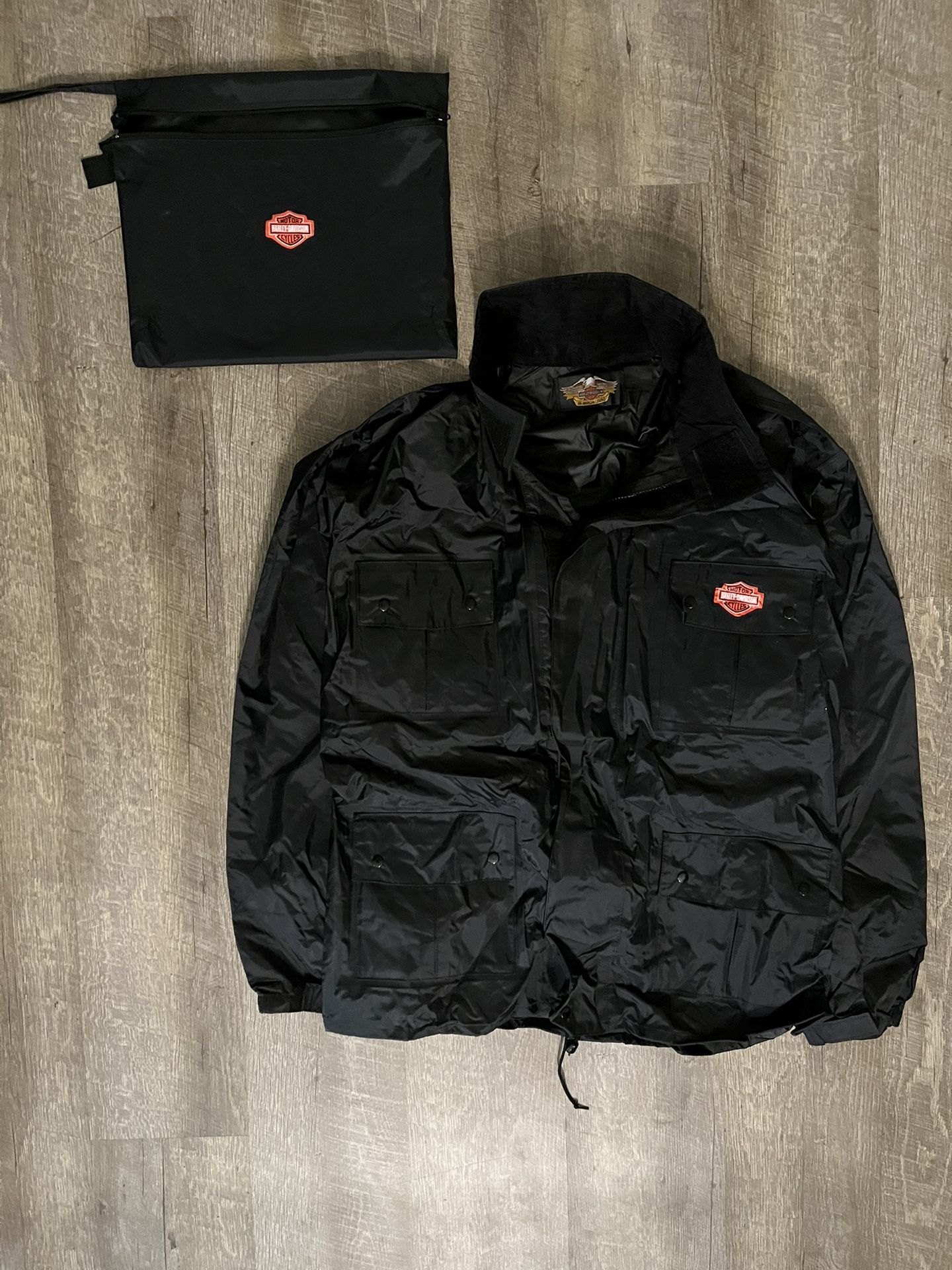 Men’s Harley Davidson Rain Gear Jacket Size XL Black W/ Bag VTG Y2K