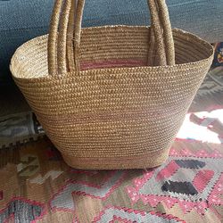 Vintage Straw Bag with Pink Stripes