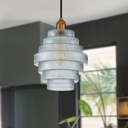 1-Light Antique Bronze Statement Pendant Light with Stripped Glass Shade