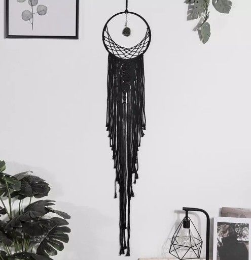 Rising Moon Black macromae dream catcher with hanging healing stone, handmade - Brand New In Original Packaging - Gothic, Bohemian Wall Decor