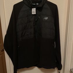 New Balance Full Zip Poly Fleece Jacket Black Pockets Soft Shell Men's L