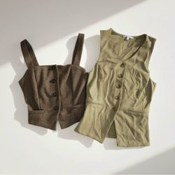 Small Brown Checkered Crop Top Vest and Olive Green Vest