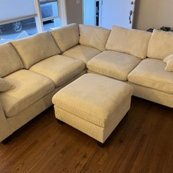 New Corduroy Fabric Sectional.  Off White / Beige.  99” X 99”.  Free Delivery!