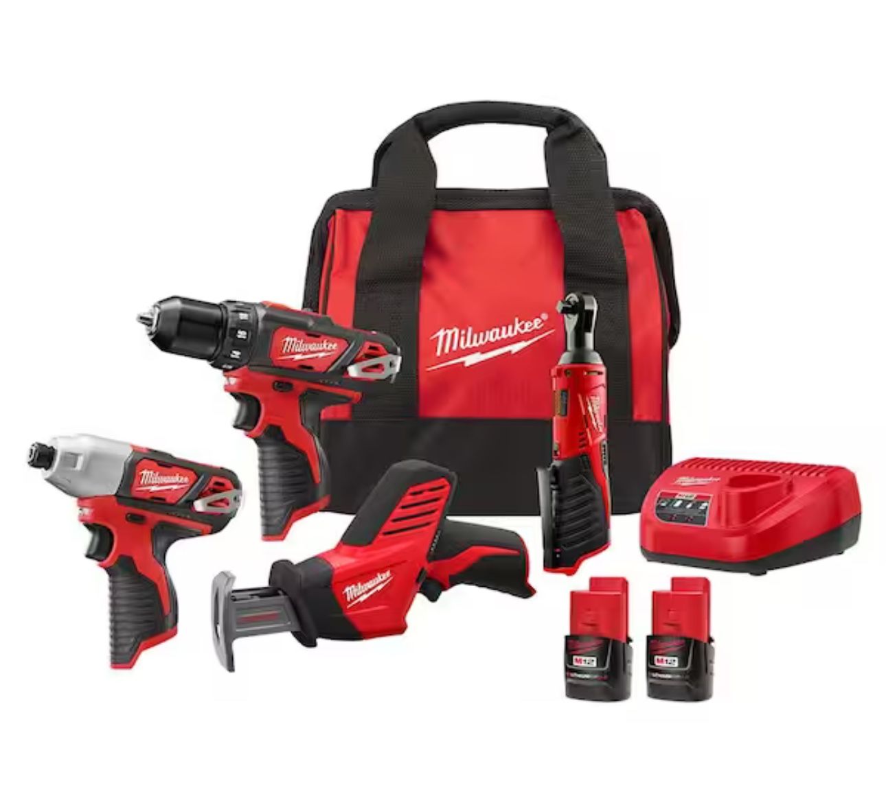 M12 12V Lithium-Ion Cordless Combo Kit (4-Tool) w/(2) 1.5Ah Batteries, (1) Charger, (1) Tool Bag
