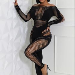 ONE SIZE Black Jumpsuit for Women Mesh Bodysuit See Through Romper Sexy Sheer Jumpsuit