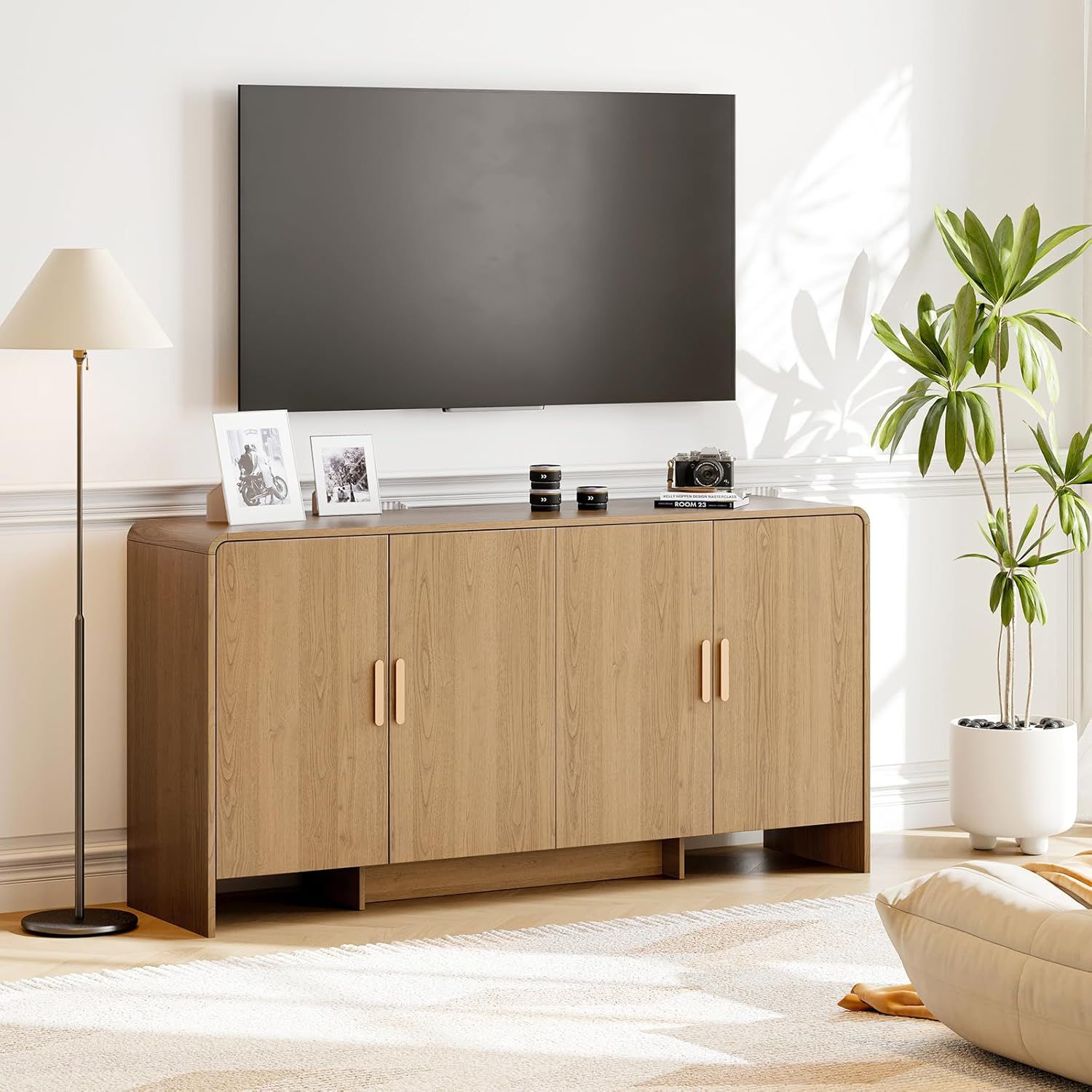 60" Sideboard Buffet Cabinet with Storage, Curved Design Farmhouse Coffee Bar Cabinet with 4 Doors & Adjustable Shelves for Living Room, Kitchen, Hall