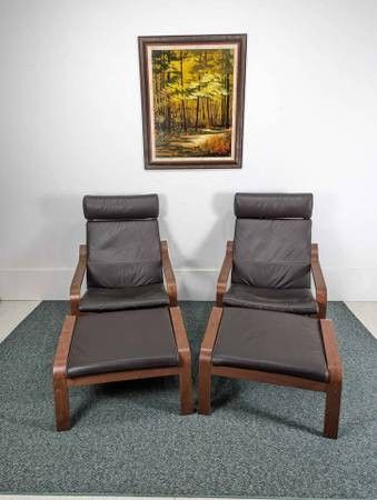 Pair of Brown Leather Teak IKEA Poang Lounge Chairs