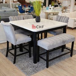 6 Piece Faux Marble Top Counter Height Dining Table Set