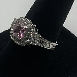 Sterling Silver Pink & White Cubic Zirconia Size 7 Ring