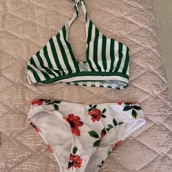 Womens Medium Flowery Striped Green Red White Bikini Set 