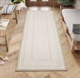 2x6 Modern Neutral Bordered Runner Rugs Beige Soft Washable Non Slip Geometric