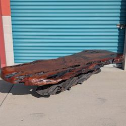 Vintage Monumental Live Edge Redwood Coffee Table — 97” Slab on Sculptural Driftwood Base
