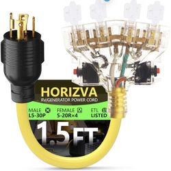 30 Amp to 20 Amp Adapter, 1.5FT Locking 4 Prong L14-30P to 3X 5-20R/5-15R Adapter with Circuit Breaker, 10/4 AWG Generator Power Cord 125/250V Max 750