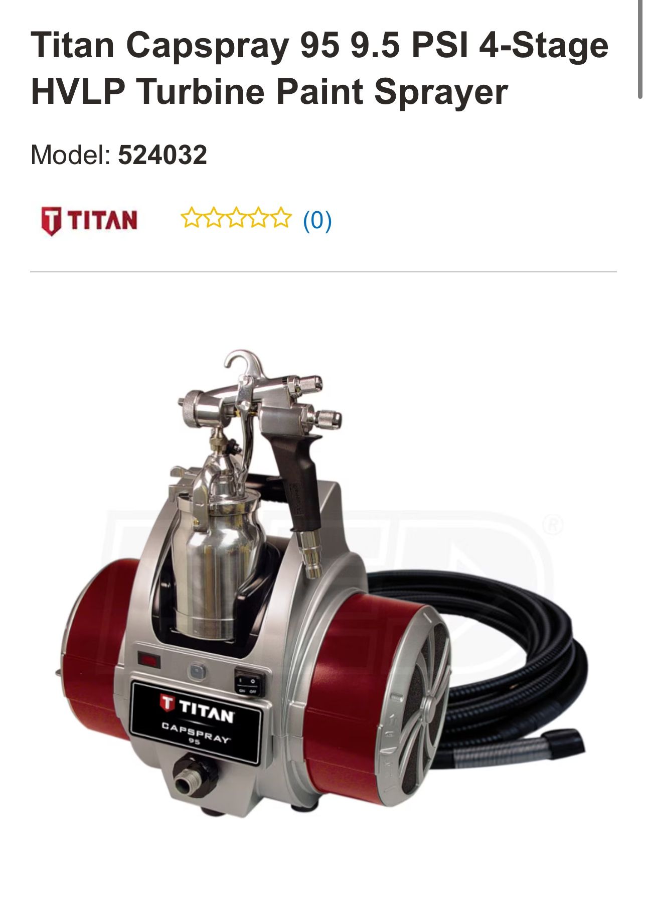 Titan Capspray 95 9.5 PSI 4-Stage HVLP Turbine Paint Sprayer