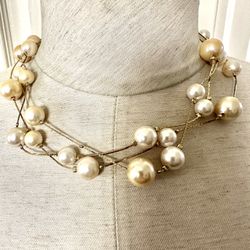 Gold Tone Faux Pearl Multi Strand Necklace 