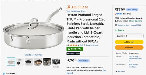 Hestan ProBond Forged TITUM Professional Clad Nonstick Sauté Pan with Lid 5QT