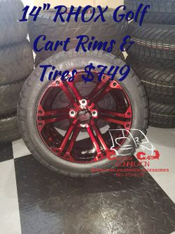 14" Red and Black Golf Cart Rims and Tires set of 4