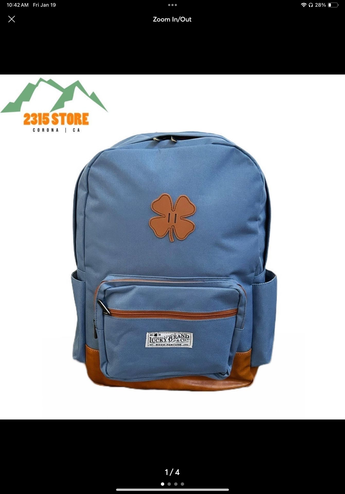 Lucky Brand “Good Fortune” Laptop Backpack Blue w/ Brown Leather. NEW