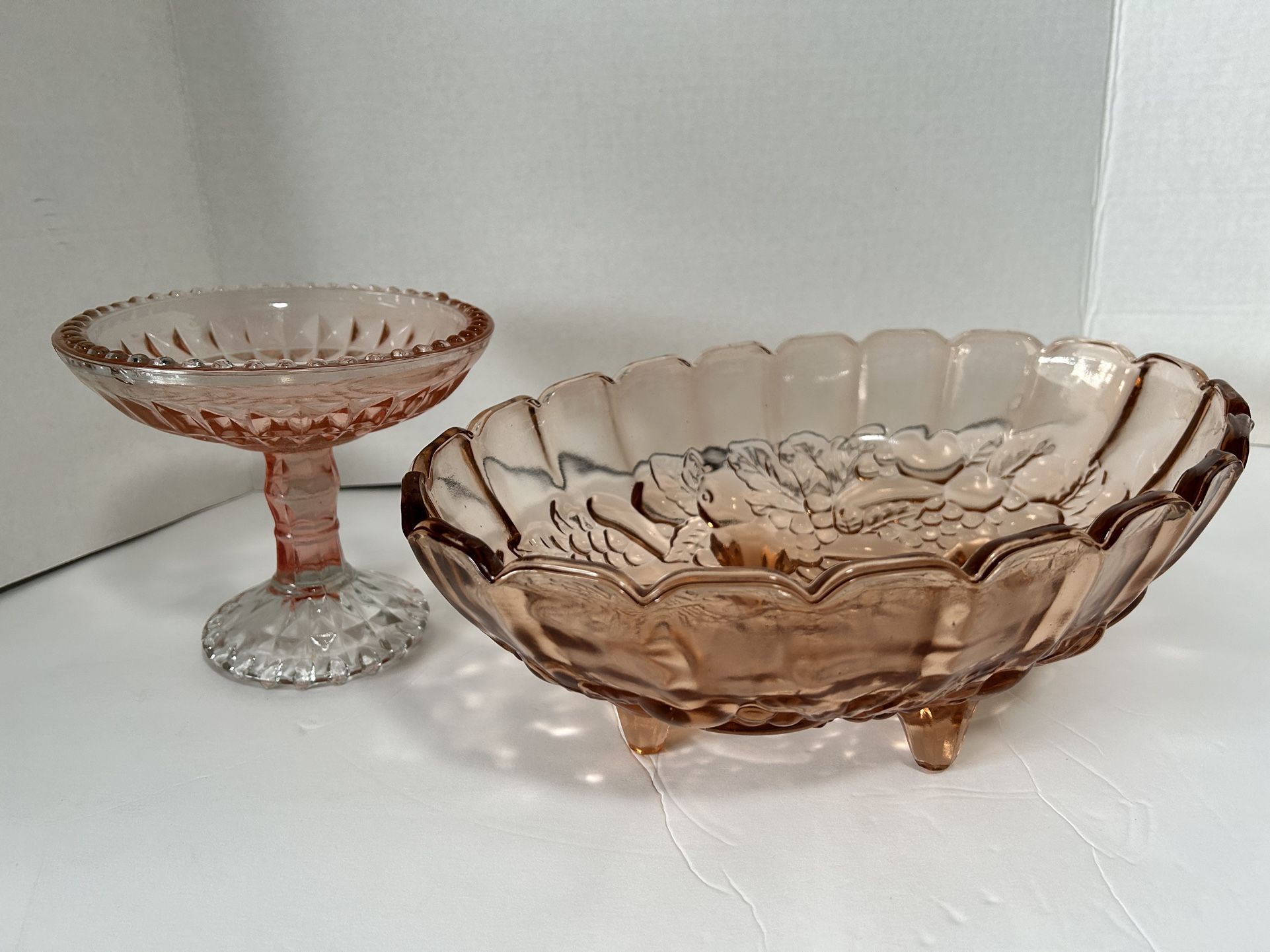 Vintage Pink pedestal candy dish and carnival glass bowl