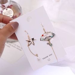 Asymmetric Crane and Fan Drop Earrings