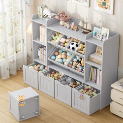   55.1’’ Toy Storage Organizer with 6 Toy Bins, Large Toy Organizer Kids Bookshelf with 4 Movable Drawers and 4 Cubbies, Toy Bins for Playroo