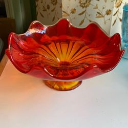 Vintage L E Smith Glass Persimmon ORANGE Open Compote 9 Petal 7.75"