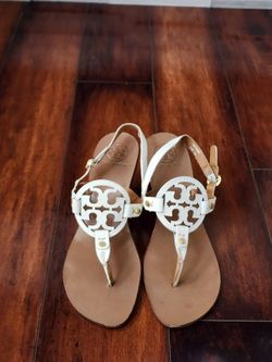 Tory Burch White Leather Double T Logo Wedge Sandals Size 8.5
