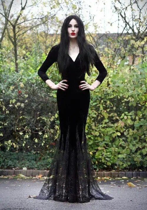 Morticia Addams Dress And Wig Suede Costume Halloween Gothic Wicked Witch Horror Maxi Lace Floor Outfit For Women