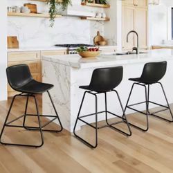34.5 in. Black Color Swivel Faux Leather Seat Bar Stool Counter Height Metal Frame Bar Stools with Low Back (Set of 3)