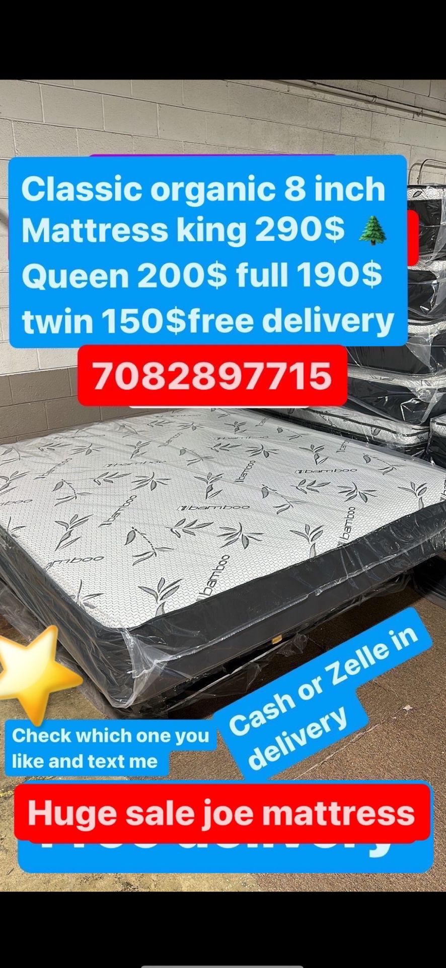 Mattress set Cash or in delivery free delivery. Just call when you’re ready. 708-289-7715 huge sale. I work seven day a week.