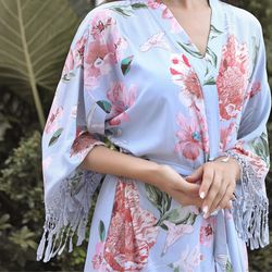 Dusty Blue Floral Robe With Tassels