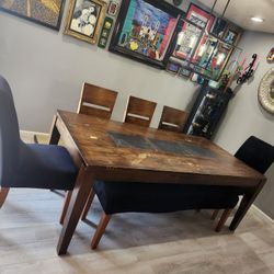 Mango Wood Dining Table, 5 Chairs And Bench