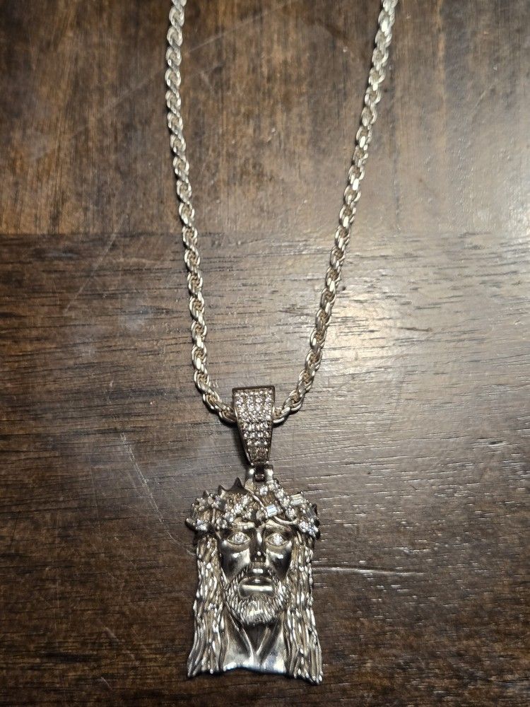 Solid 925 Silver Moissanite Jesus Piece With 20" Silver Chain
