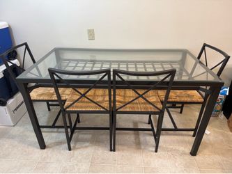 Moving sale! Glass Top Dining Set with Metal Frame and 4 Chairs with Woven Seats