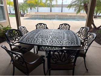 Darlee Elisabeth Cast Aluminum 9-Piece Dining Set with Seat Cushions and 64-Inch Square Dining Table, Antique Bronze Finish