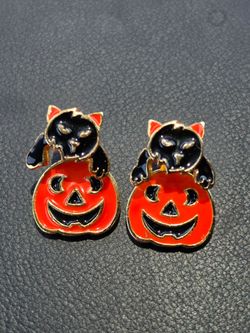 Vintage Black Cat Halloween With Jack-o'-Lantern Stud Earrings