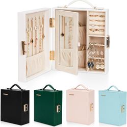 Travel Jewelry Case|Travel Must Have|Portable Jewelry Box with Mirror|PU Leather Small Jewelry Organizer for Rings, Earrings, Necklaces, Bracelets (Wh