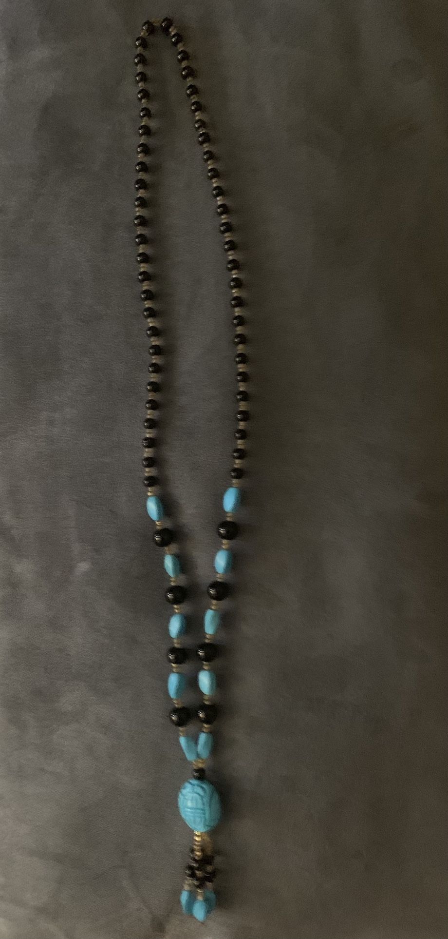 Turquoise Howlite Beaded With Black And Gold Beaded Necklace 