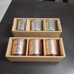 Brand New Lot Of 6 Beautiful Mirrored Glass Speckled Votive Candle Holders, 3 Pink & 3 Silver 3"H X 2.75"W