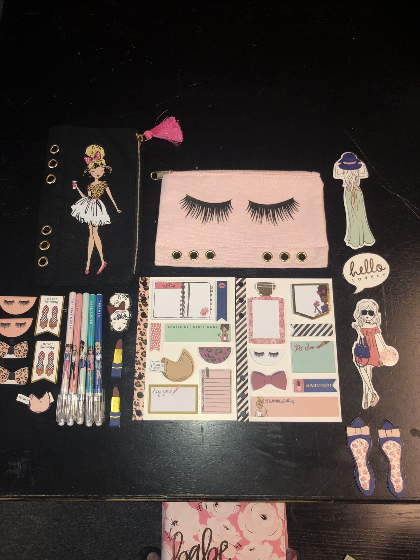 Elle oh Elle (Agenda 52/The Paper Studio) unused items! 2 pen pouches, die cuts, magnetic page markers, & 2 sticky note pages. PENS ARE NOT INCLUDED.