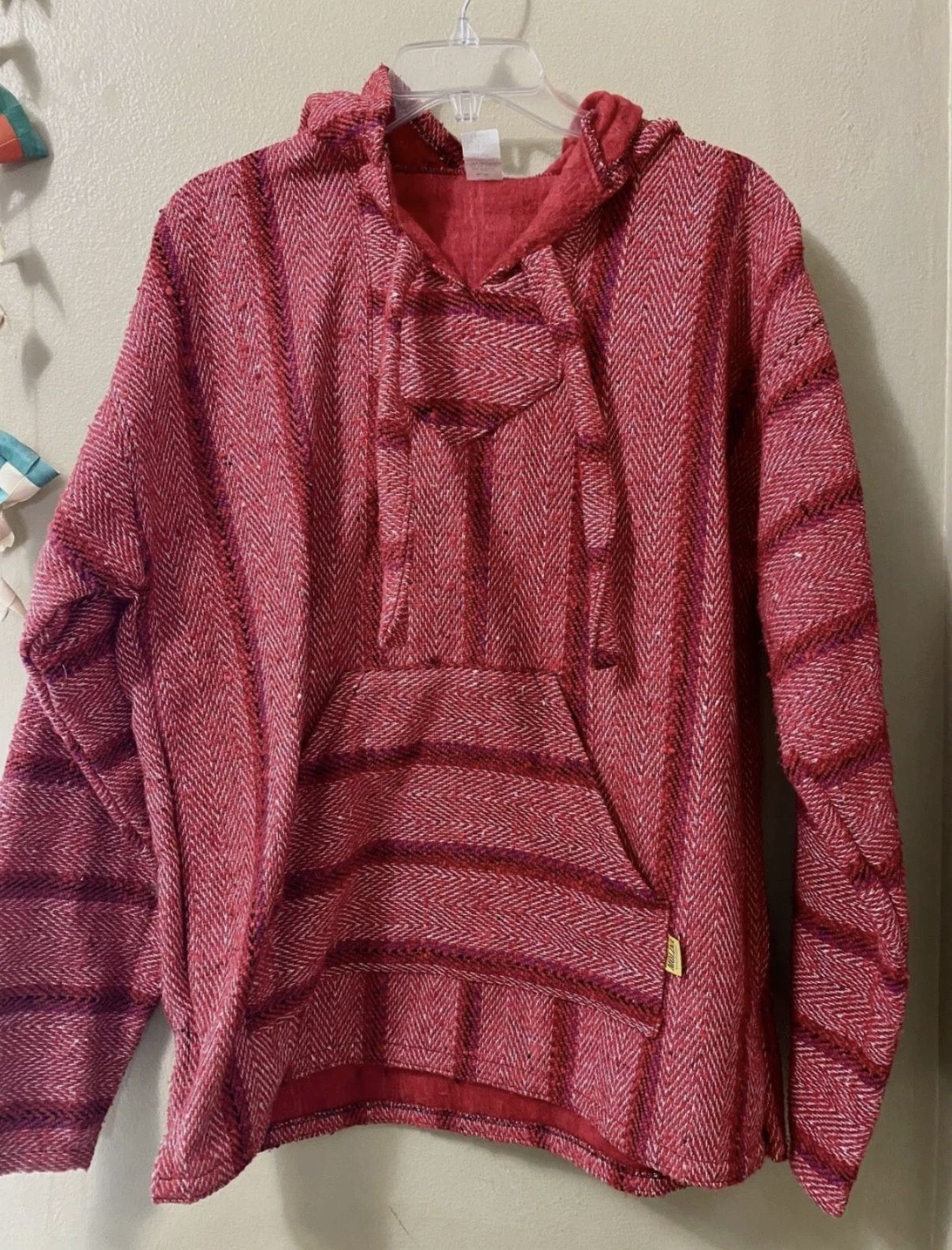 Red Striped BAJA Shirt Woven Mexican Hoodie Surfer Pullover Adult M-L-XL-2XL