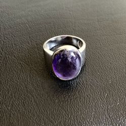 Sterling Silver 925 9.46g Oval Amethyst Purple Crystal Stone Simple Ring Size 9 
