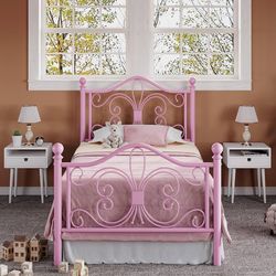 Twin Size Metal Platform Bed Frame, Butterfly Pattern Design, Pink Wrought Iron-Art Headboard & Footboard, Under Bed Storage, No Box Spring Needed, Ea