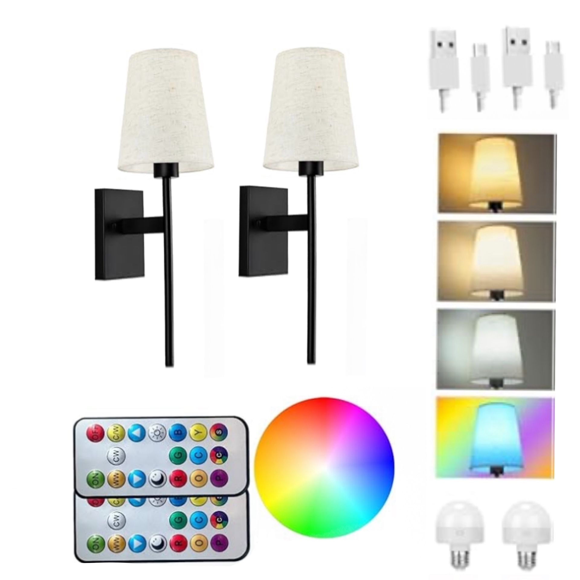 Set Of 2 Battery Operated Wall Sconces with Remote,Fabric Shade