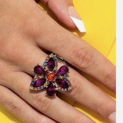 Purple flower stretchy back ring