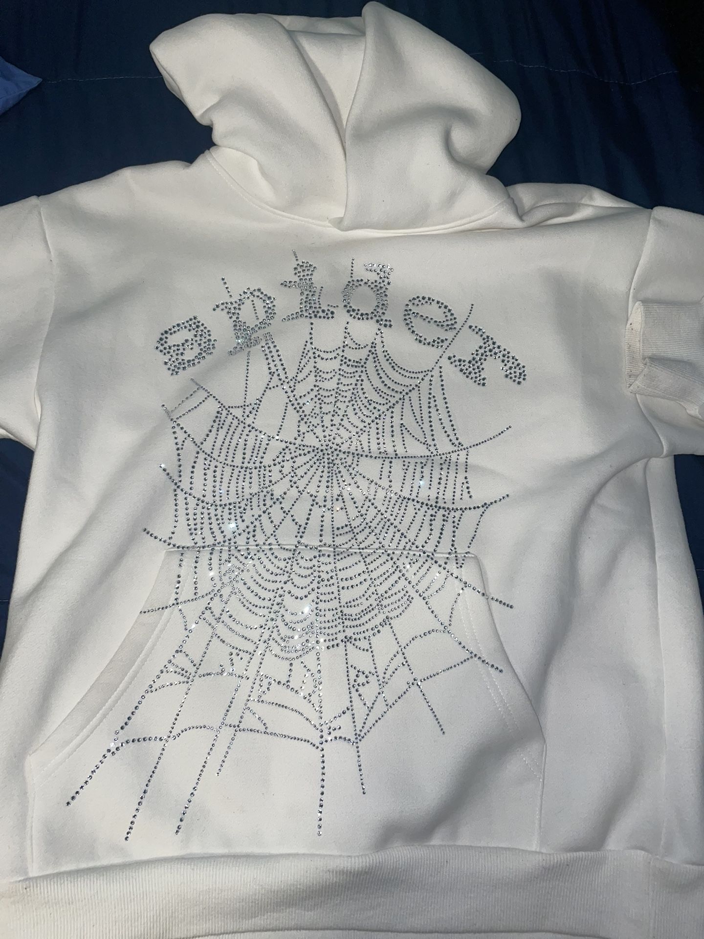 White Rhinestone Sp5der Hoodie:size Small