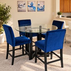 Modern Royal Blue Velvet Dining Set – Round Glass Table + 4 Chairs – 5-Piece Set