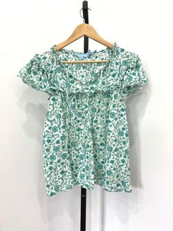 Draper James Medium Flutter Green and White Floral Short Sleeve Blouse