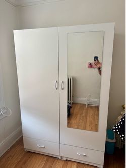 White Wardrobe / Armoire Closet with Mirror & Drawers